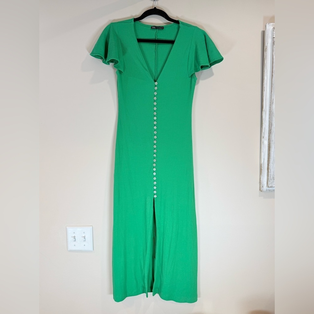 🔥Zara Green Button-Front V-Neck Maxi Dress Size S EC🔥